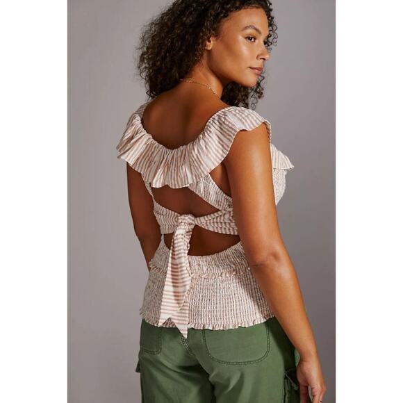 Anthropologie Ruffled Striped Smocked Open Back Top XL Cottagecore Milkmaid - Picture 10 of 10